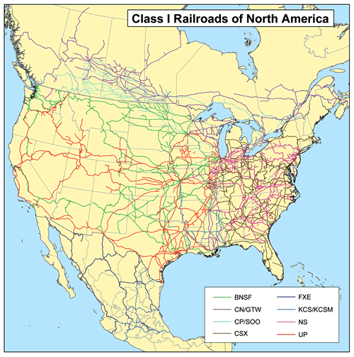 North America Class 1 Railroad Map